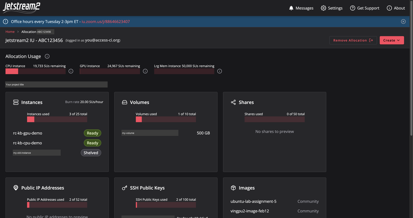 Exosphere allocation overview: SUs remaining for CPU, GPU and large-memory instances, and cards for instances, volumes, shares, public IP addresses, SSH keys and images