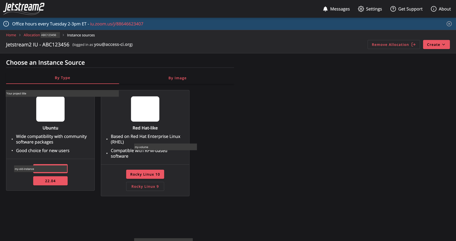 Choose an Instance Source: Ubuntu 24.04 and 22.04, Rocky Linux 10 and 9