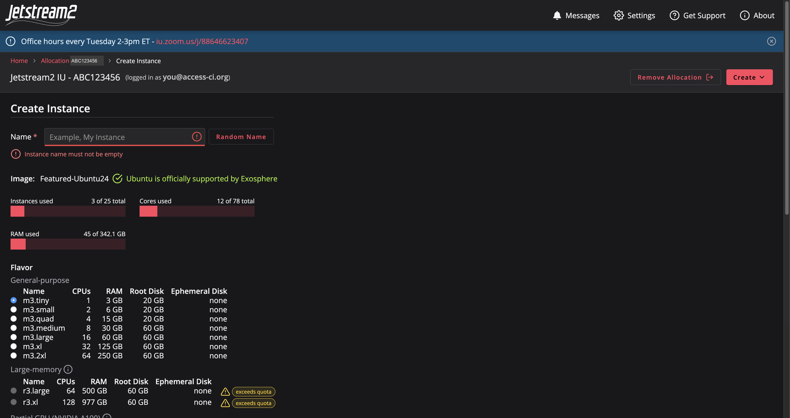 The Create Instance form: name, image, quota bars and the list of general-purpose flavors