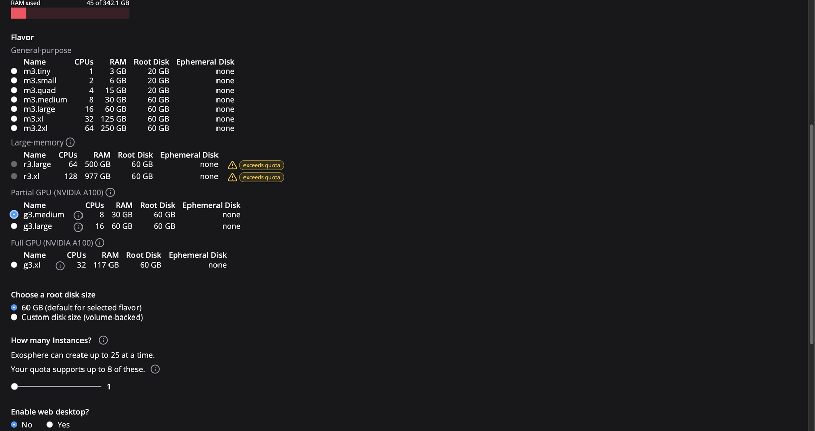 The flavor list with g3.medium selected under Partial GPU (NVIDIA A100), and g3.large and g3.xl below