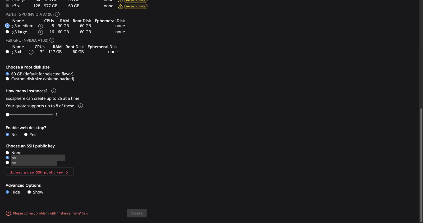 Bottom of the Create Instance form: root disk size, number of instances, web desktop, SSH public key and Advanced Options
