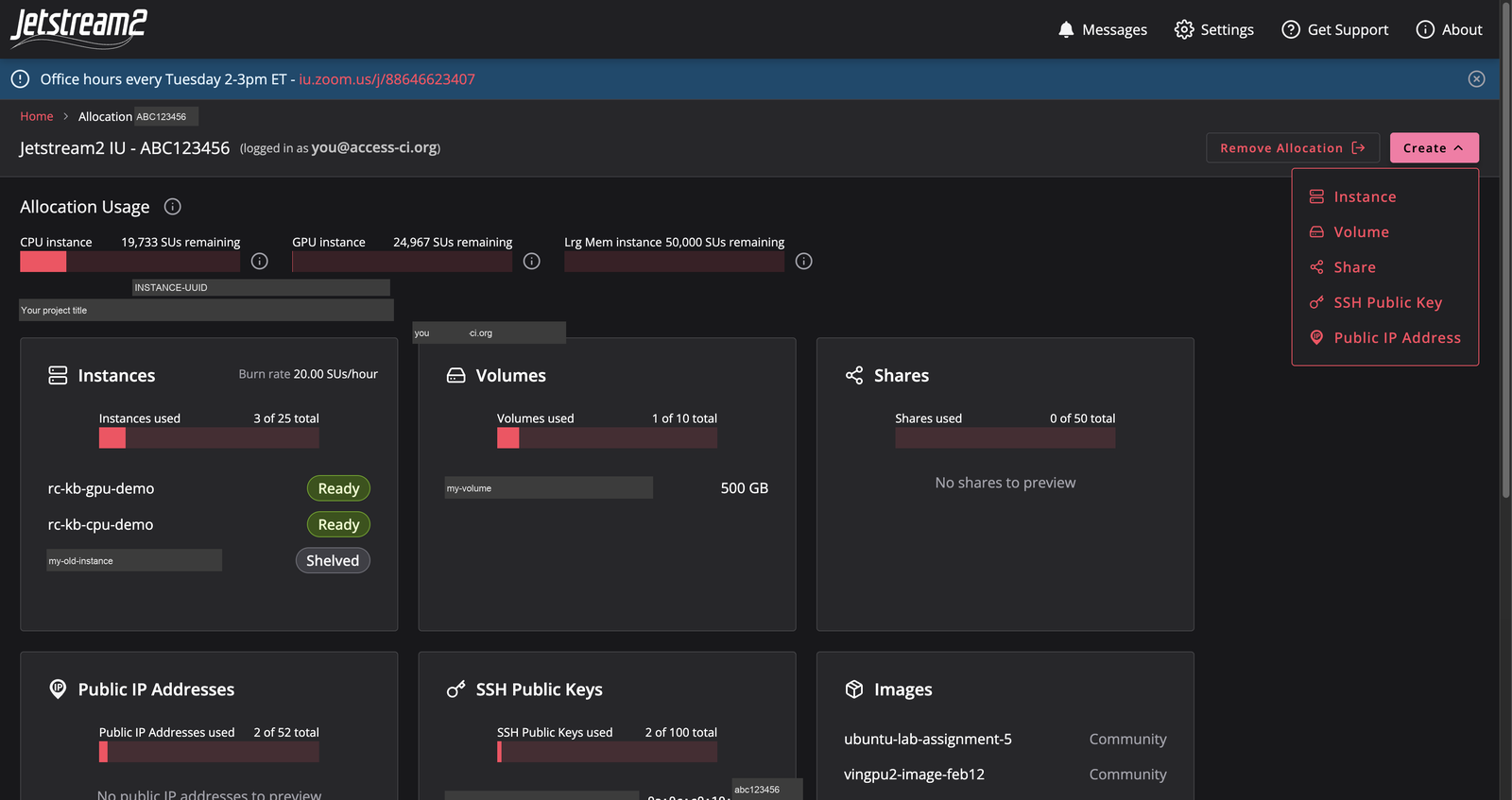 The Create menu open, listing Instance, Volume, Share, SSH Public Key and Public IP Address