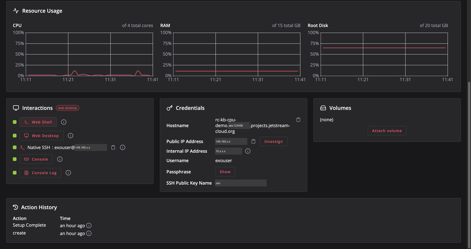 Instance page: Interactions (web shell, web desktop, native SSH, console) and Credentials (hostname, public IP, username exouser, SSH key name)