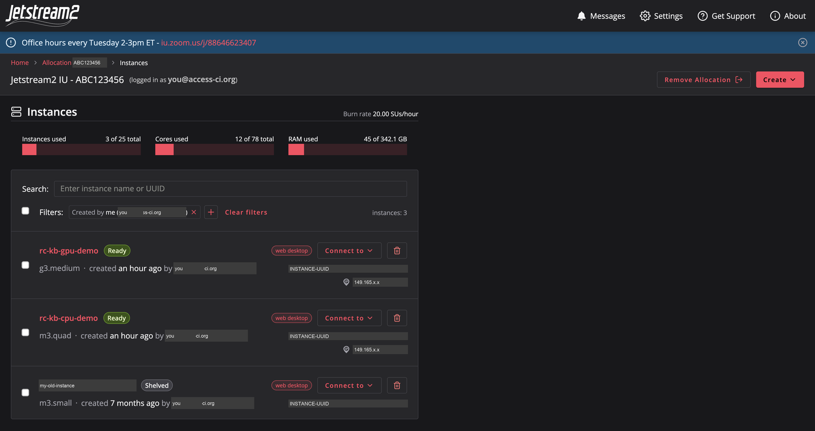 The instance list with two Ready instances, their flavors, and Connect to and web desktop buttons