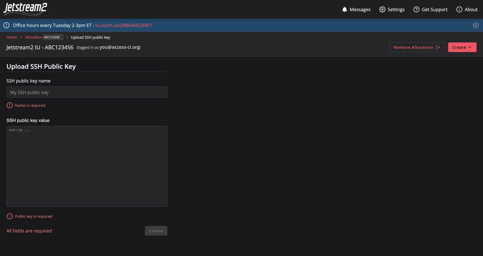 Upload SSH Public Key: a name field and the public key text