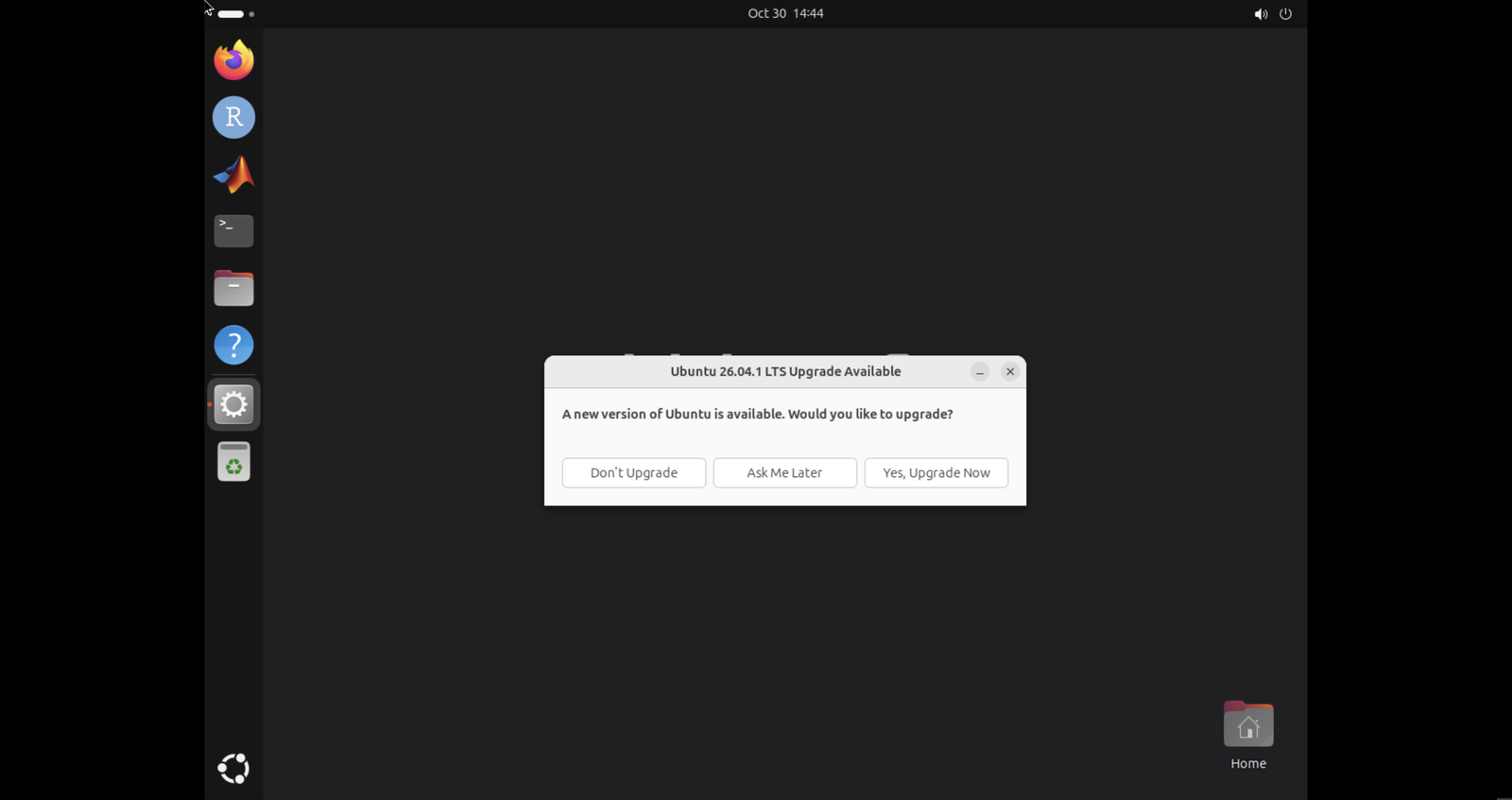 Ubuntu desktop in the browser, showing an 'upgrade available' prompt