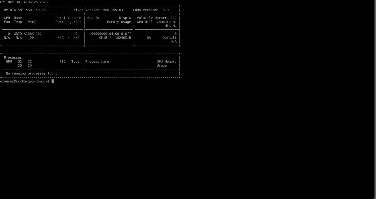 nvidia-smi in the web shell: GRID A100X-10C, 10240 MiB memory, driver 580.159.03, CUDA 13.0